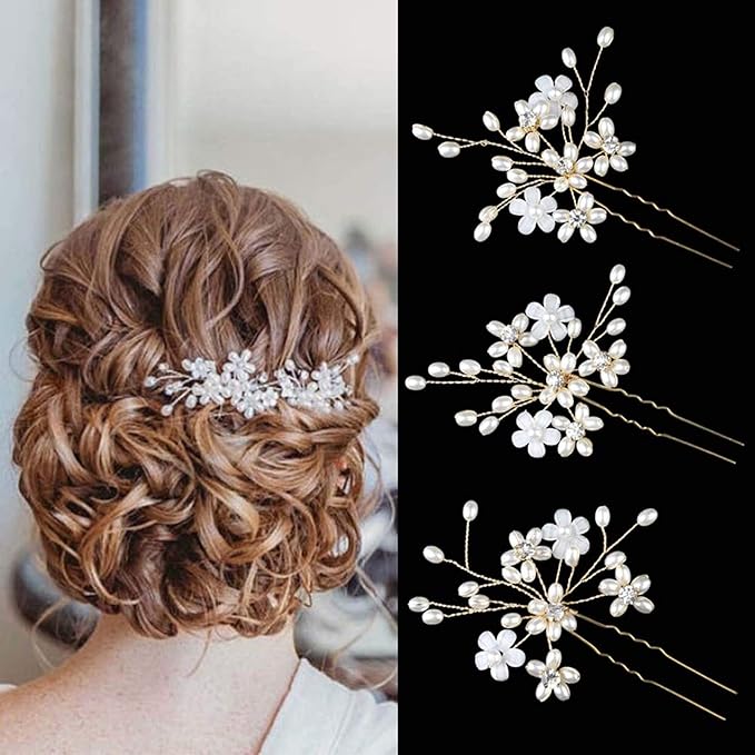 Elegant Pearl Wedding Hair Pins, Bendable Floral Crystal Hair Accessories for Bridal Women, Pack of 3 (Gold)