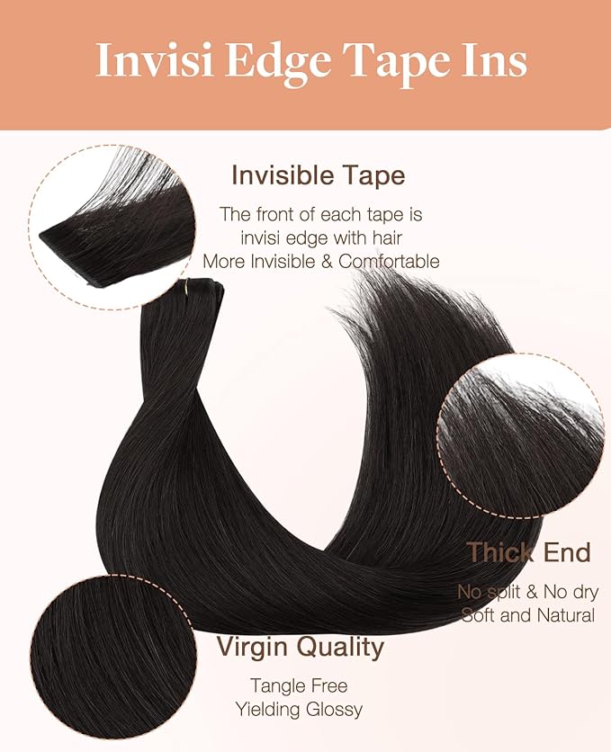 GOO GOO Invisi Edge Tape in Hair Extensions Human Hair, 1B Natural black 20pcs 24inch 50g, Virgin Remy Hair, Seamless Injected Tape, Natural Look