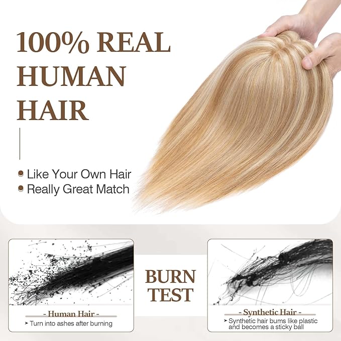 Rich Choices Hair Toppers for Women Real Human Hair 100% Human Remy Toppers NO Bangs with Thinning on Top Clip in Hairpiece 4"x4.7"Lace Base 6 Inch #12P613 Golden Brown Highlights Bleach Blonde
