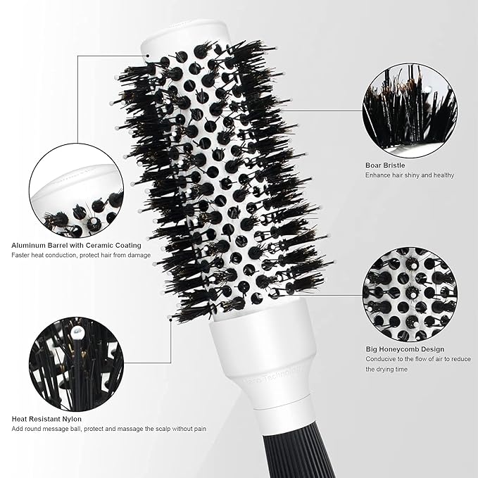 Round Brush For Blow Drying, Nano Tech Thermal Ceramic Ionic, Ball Tip Round Barrel Hair Brushes For Styling, 2 Clips and 1 Comb Included (2.54 inch with Bristles & Barrel 1.3 inch)…