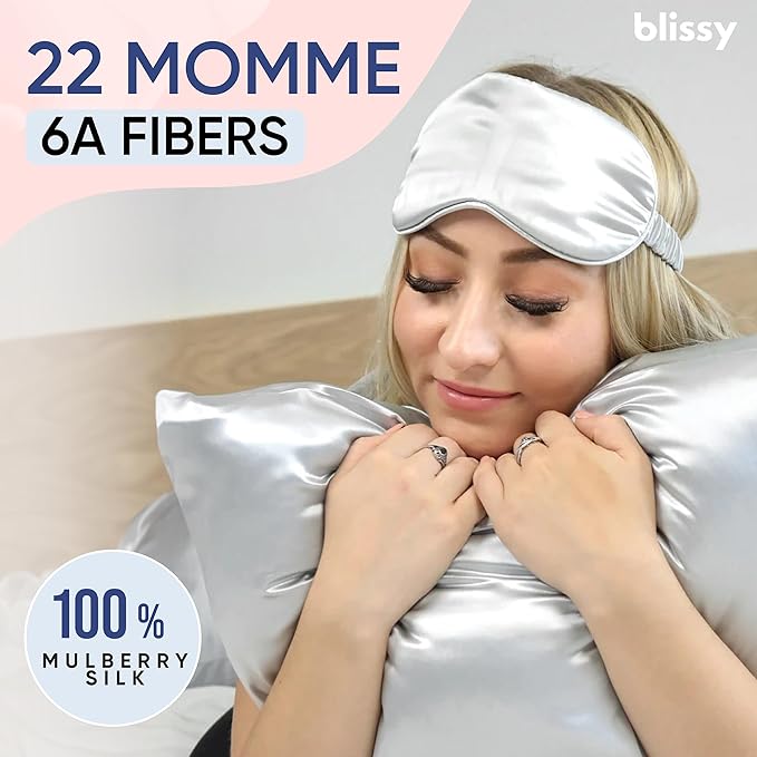 Blissy Silk Pillowcase - 100% Pure Mulberry Silk - 22 Momme 6A High-Grade Fibers - Silk Pillow Cover for Hair & Skin - Regular, Queen & King (Silver, King)