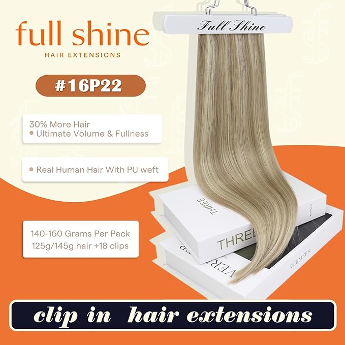 Full Shine Clip in Hair Extensions 20 inch 150g 8Pcs Seamless Clip ins Human Hair Dirty Blonde with Highlights Hair Extensions Ease of Use