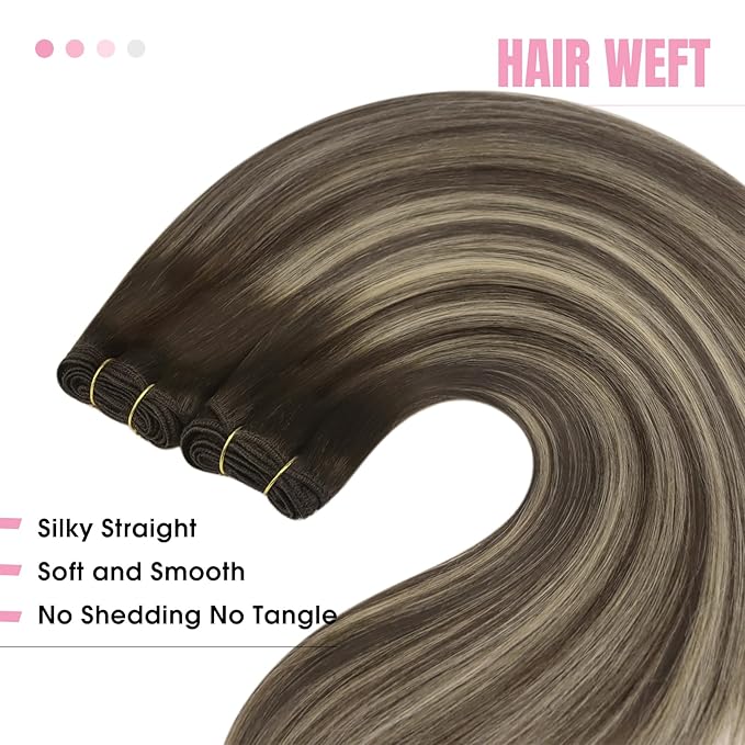 YoungSee Sew in Hair Extensions Balayage Hair Weft Extensions Chocolate Brown with Ash Blonde Balayage Human Hair Extensions Sew in Thick Remy Hair 14Inch 100G