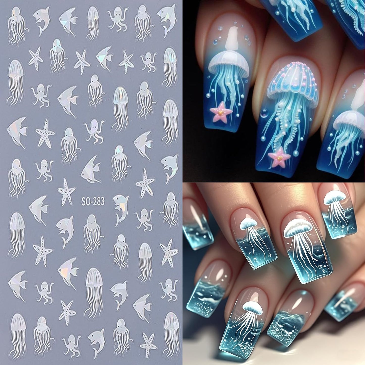 6 Sheets Ocean Animals Nail Art Stickers 3D Self -Adhesive Starfish Jellyfish Nail Decals Holographic Cute Koi Fish Octopus Nail Stickers Summer Nail Decoration for Women Manicure Supplies