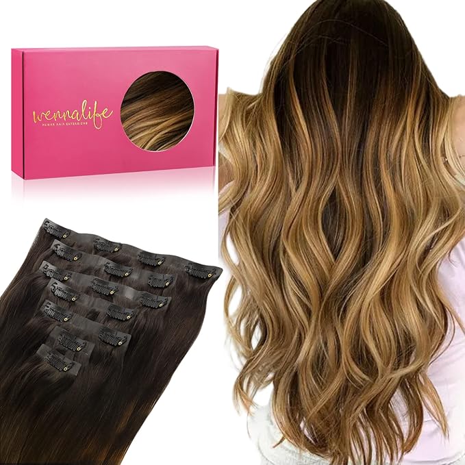 WENNALIFE Seamless Clip In Hair Extensions Human Hair, 24 Inch 160g 7pcs Dark Brown to Chestnut Brown and Dirty Blonde Invisible Natural PU Weft Straight Extensiones De Cabello Hmano