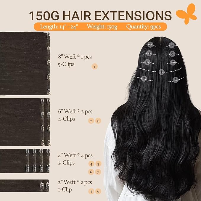 DOORES Clip in Human Hair Extensions, Mocha Brown 150g 9pcs 20 Inch, Real Natural Hair Extensions, Thick Silky Straight Extensions