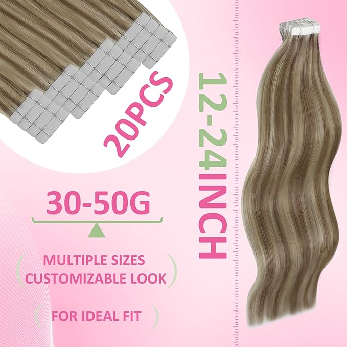 YoungSee Tape in Hair Extensions Human Hair Brown to Blonde Human Hair Extensions Tape ins Highlight Light Brown with Blonde Seamless Tape-in Extension Real Hair for Women Short Hair 12 Inch 20pcs 30g