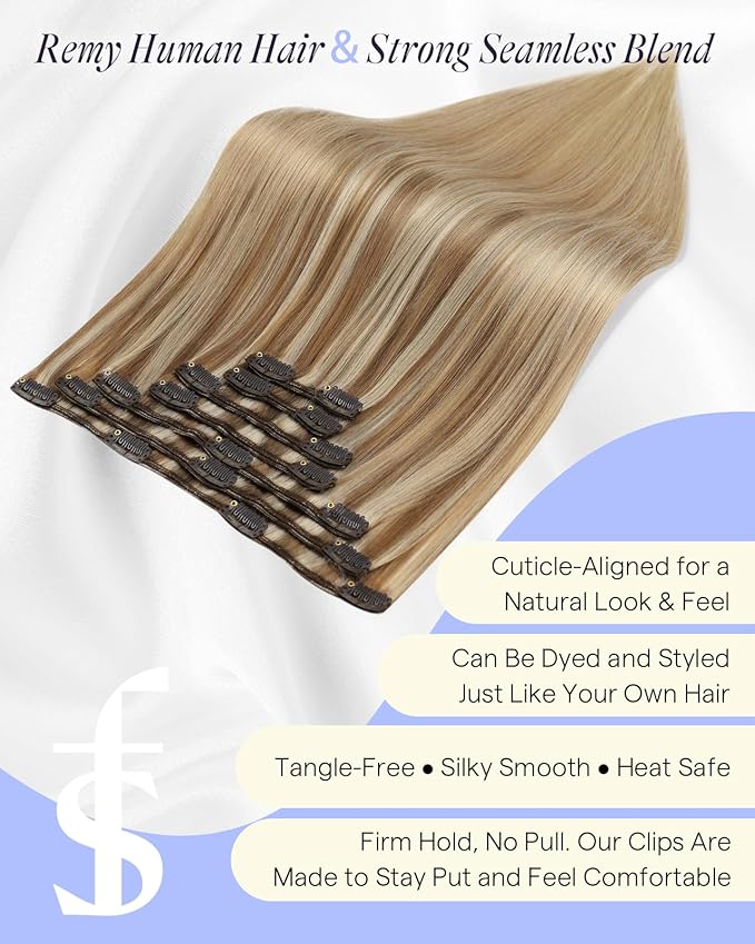 Full Shine Real Hair Clip in Extensions 20 Inch 150 G Balayage Golden Brown To Golden Blonde Clip on Hair Extensions Human Hair 7 Pcs