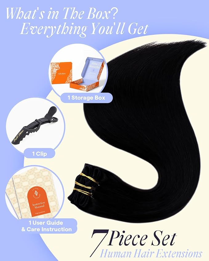 Full Shine Clip in Hair Extensions Black Women 24 Inch Jet Black Real Human Hair Extensions Clip ins 150 G 7 Pcs