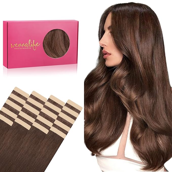 WENNALIFE Tape in Hair Extensions Human Hair, 20pcs 50g 22 inch Chocolate Brown Remy Hair Extensions Straight Human Hair Tape in Extensions Skin Weft Tape Extensions Human Hair