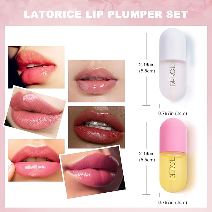 DEROL Lip Plumper Set, Lip Plumper Gloss, Natural Lip Plumper and Lip Care Serum, Lip Enhancer for Fuller, Lip Mask, Beautiful Fuller, Hydrating & Reduce Fine Lines Day&Night, 5.5ml (WS002)