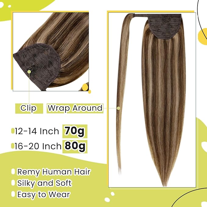 RUNATURE Ponytail Extension Human Hair, Real Hair Ponytail Extension Remy, Human Hair Ponytail Wrap Around, Remy Natural Hair Tangle Free, 18 Inch 80g #3P12 Walnut Brown Highlight Honey Blonde