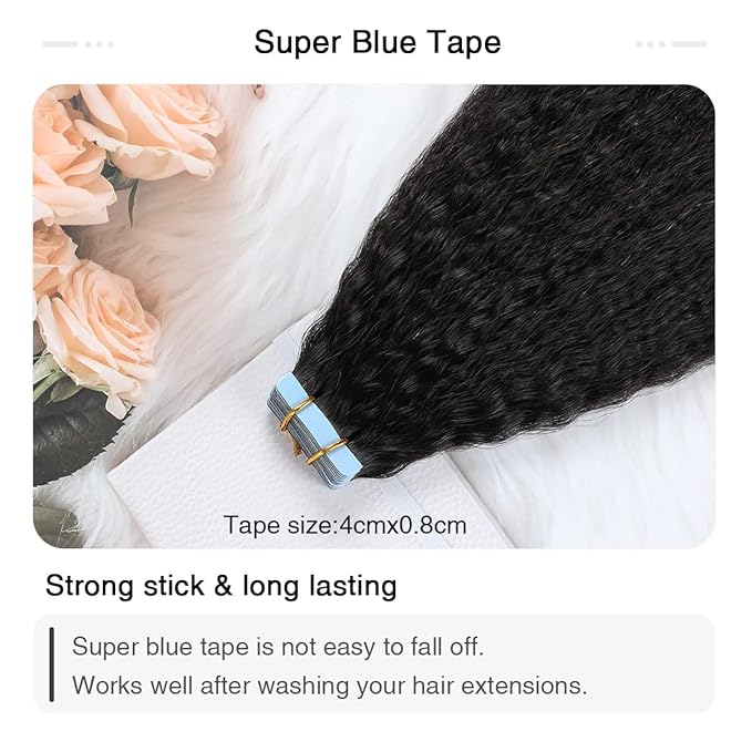 SUYYA Kinky Straight Natural Black Tape in Real Human Hair 16 Inch Skin Weft 40g/Pack 20PCS Tape in Extensions for Women (#1B Natural Black)