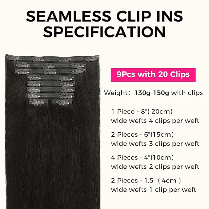 Lashey Seamless Hair Extensions Human Hair 9pcs 130g Natural Black Remy Human Hair Extensions 14 Inch Straight Thick Clip in Hair Extensions