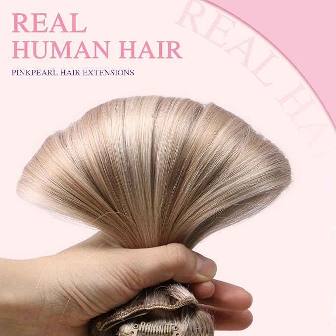 PINKPEARL Clip in Hair Extensions #18P1000 Ash Blonde Highlighted Gray Blonde 7pcs 22Inch 120g Real Remy Hair Extensions Clip in Human Hair(#18P1000-22)