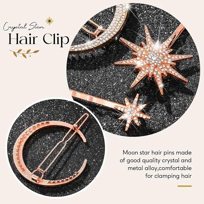 BARTOSI Moon Star Hair Clips Rose Gold Rhinestone Hair Pins Crystal Bobby Pins Bride Wedding Celestial Hair Accessories for Women and Girls (Pack of 3)