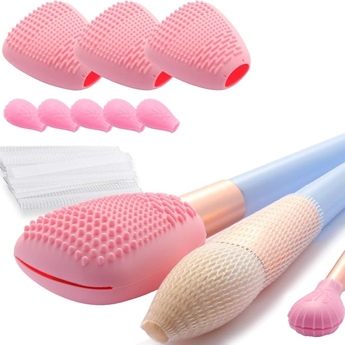 Silicone Travel Make-up Brush Holder with Cleaner Mat Pad, Organizer Case Covers for Foundation Eye Lip Brushes Storage Cleaning, Gift for Women Girl-friend Mother Wife, 3-Pcs Large + 5 Small, Pink