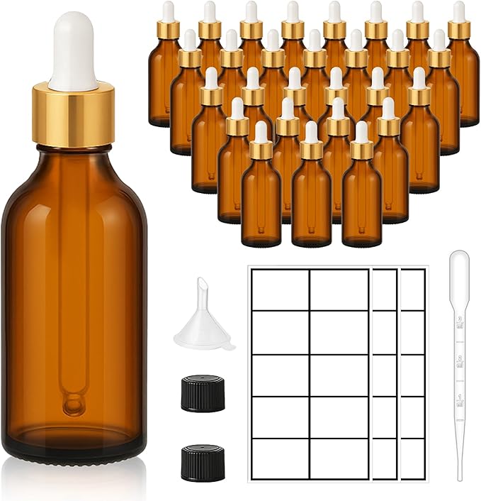 28 Pack 2oz Amber Glass Dropper Bottles with Gold Lids, Funnels, Droppers, Extra Caps & Labels – Leakproof, UV Resistant 60ml Empty Bottle for Tinctures, Essential Oils, Beard & Hair Oils