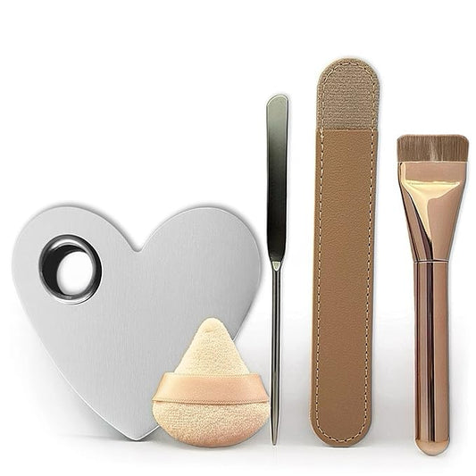Makeup Brush Set - Flat Foundation Brush, Blender Sponge, Face Spatula, Puff & Heart-Shaped Mixing Palette with Leather Case – Complete Face Makeup Tool Kit for Blending, Foundation & Application