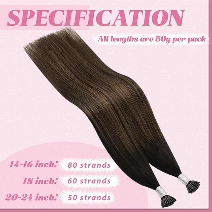 YoungSee I Tip Hair Extensions Brown 24 Inch Itip Hair Extensions Real Human Hair Dark Brown Balayage with Brown Itips Hair Extension Human Hair Ombre I-Tip Extension Long Hair 50g 50s
