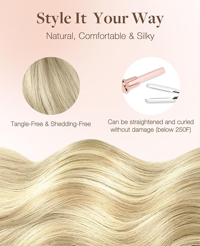 GOO GOO Invisi Edge Tape in Hair Extensions Human Hair, 17A/60A Ash Blonde Highlighted Platinum Blonde, 20pcs 16inch 50g, Virgin Remy Hair, Seamless Injected Tape, Natural Look