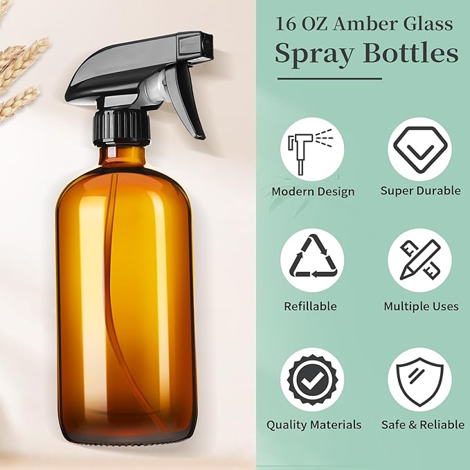 16oz Amber Glass Spray Bottles,1 Pack Glass Spray Bottles Refillable Empty Bottle with Adjustable Nozzle,Spray Bottle for Essential Oils,Cleaning,Pets,Hair Mister