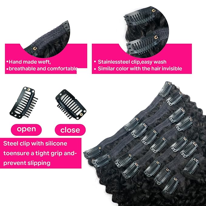 Curly Clip in Hair Extensions for Black Women Brazilian Virgin Human Hair Clip in Extensions 8Pcs Kinky Curly Clip ins Human Hair with 18Clips Double Lace Weft 120g 22inch Natural Black