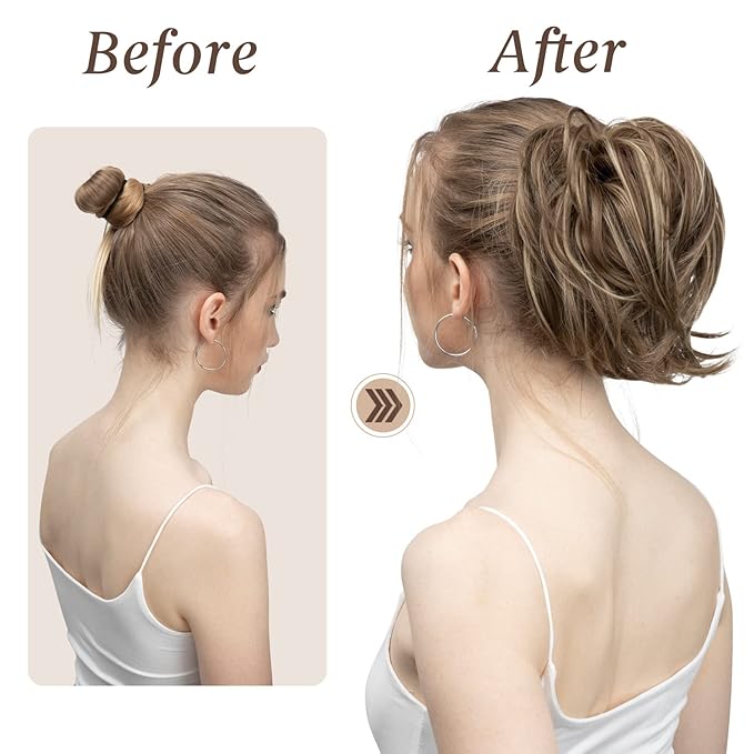 SARLA Messy Hair Bun Hair Pieces Curly Synthetic Updo Fake Scrunchies Ponytail Extension for Women Light Auburn 1PCS