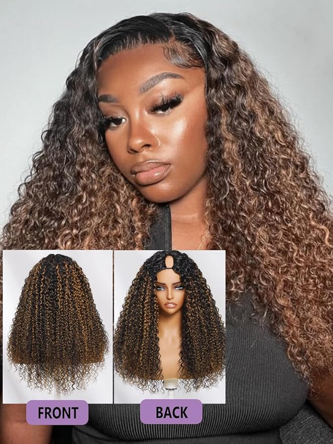 YIROO EasiContour V Part Wigs Ombre Brown Glueless Human Hair Upgrade U Part Wig with Dark Roots Highlight V Shape Clip Wigs Beginner Friendly with Drawstring Ready to Wear Chestnut Brown Color 24Inch