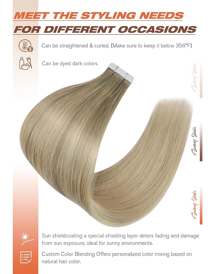 Sunny Hair Tape in Hair Extensions Real Human Hair Invisible Remy Hair Extensions Tape ins for Women Ash Blonde Root to Platinum Blonde Balayage 18 inch 20Pcs 50G
