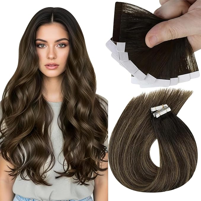 Sunny Hair Tape in Hair Extensions Real Human Hair Invisible Remy Hair Extensions Tape ins for Women Darkest Brown Ombre Medium Brown Balayage 12 inch 20G