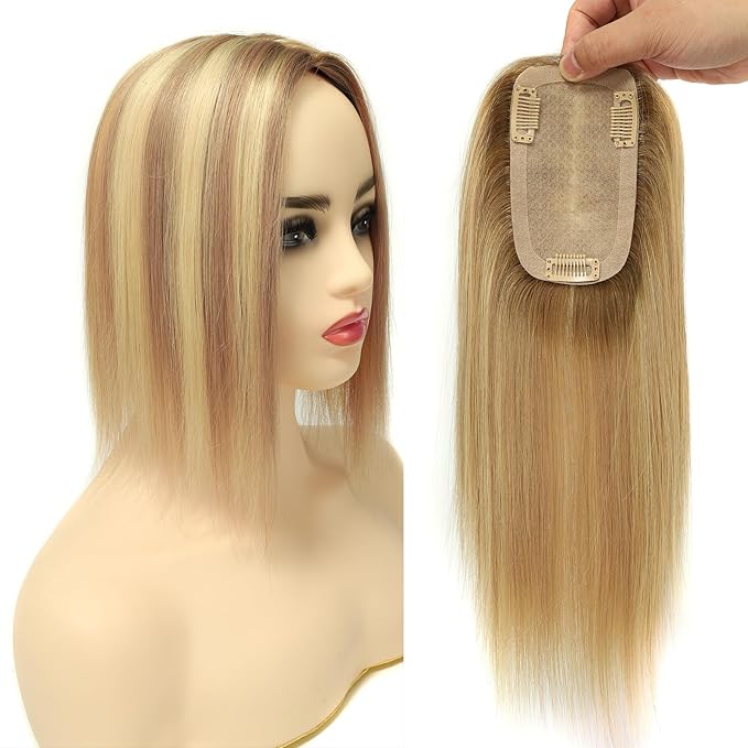 Real Human Hair Toppers for Women #TLQ, 3x5 Inch Injected Silk Base 130% Density 12 Inch Length Hair Toppers