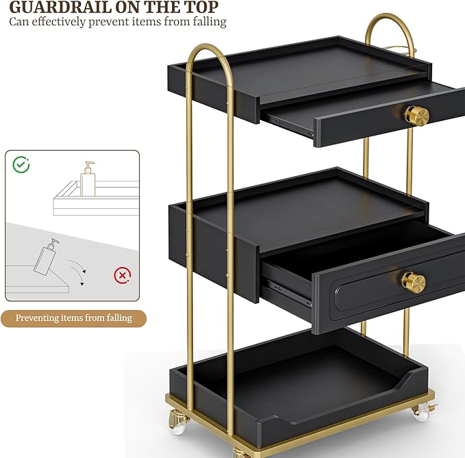 Barber Salon Trolley Cart w/Lockable Wheels, 3-Tier Rolling Beauty Cart with 2 Drawers & Dryer Holder, Mobile Beauty Trolley for Beauty Spa Barbershop(Black)