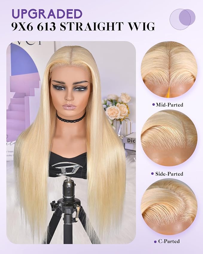 613 Lace Front Wig Human Hair 180% Density Wear and Go Glueless Wigs Human Hair Blonde Wig Human Hair Pre cut Lace Pre Plucked Real Bleached Knots (24inch,9X6 Straight Wig)