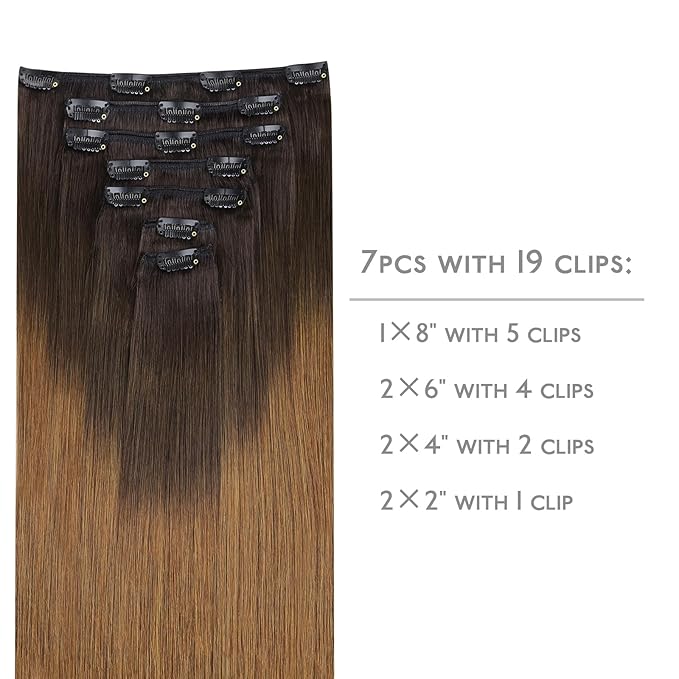WENNALIFE Clip in Hair Extensions Real Human Hair, 24 Inch 120g 7pcs Human Hair Extensions Clip In Human Hair, Ombre Dark Brown to Light Chestnut Brown Clip In Real Hair Coloured Remy