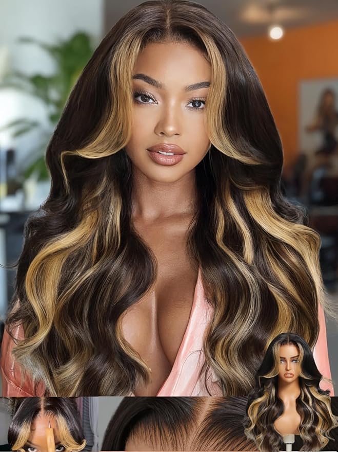 KLAIYI Ombre Highlight Blonde Loose Body Wave Bye Bye Knots Glueless Wigs Human Hair 7x5 Precut Lace Front Pre Plucked Bleached Ready to Wear Go Wig with Face Framing Curtain Bang Caramel Brown 22Inch