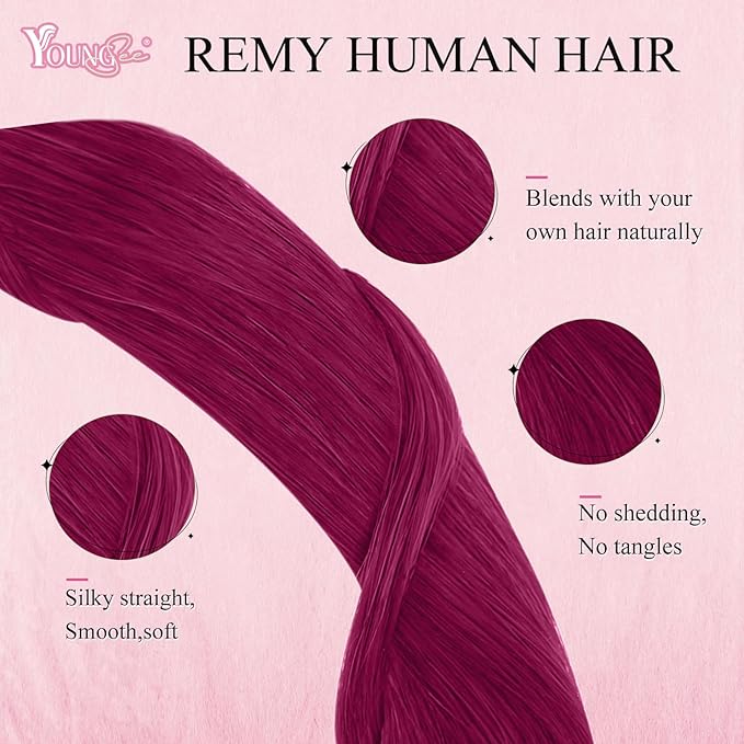 YoungSee Nano Beads Hair Extensions Magenta 18 Inch Nano Extensions Human Hair Burgundy Nano-Ring Hair Extension Remy Human Hair Colored Real Hair Cold Fusion 1g/s 25g 25s for Style Enhancement