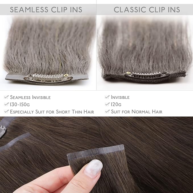 WENNALIFE Seamless Clip In Hair Extensions, 16 Inch 130g 7pcs Light Dark Brown Hair Extensions Clip in Human Hair Invisible PU Skin Weft Natural Remy Human Hair Extensions