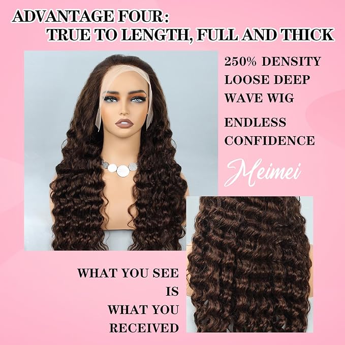 MEIMEI 250% Density HD Full Lace Front Wigs Human Hair Loose Deep Wave Chocolate Brown 15A Grade Real Full Large Lace Space Brown 13x4 Loose Wave Lace Frontal Wigs Human Hair Pre Plucked 24 Inch