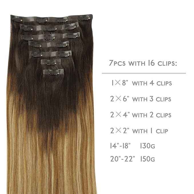 WENNALIFE Seamless Clip In Hair Extensions, 18 Inch 130g 7pcs Dark Brown to Chestnut Brown and Dirty Blonde Hair Extensions Clip in Human Hair Invisible PU Skin Weft Remy Human Hair Extension