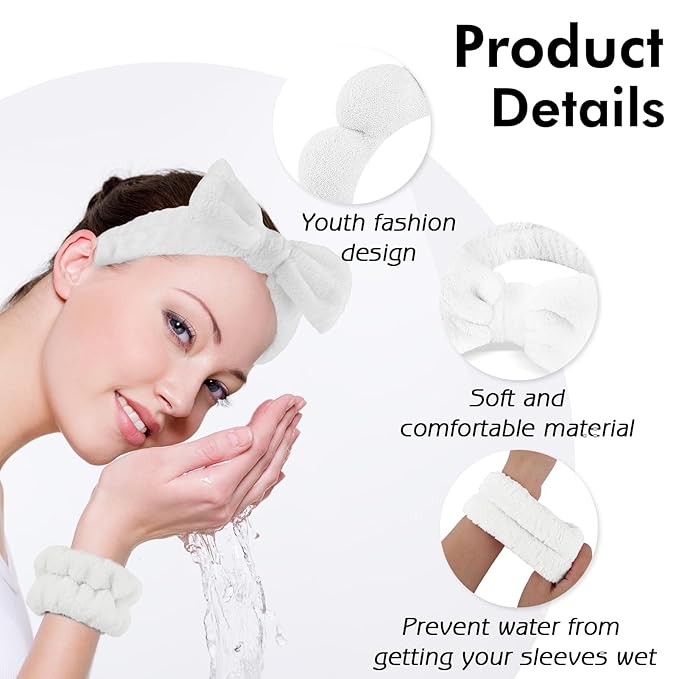 Zkptops 6Pcs Spa Headband for Washing Face Wristbands Set Women Bubble Skincare Makeup Sponge Terry Cloth Padded Puffy Headband Bow Tie Hairband Cute Non Slip Thick Hair Accessory Gifts (White)