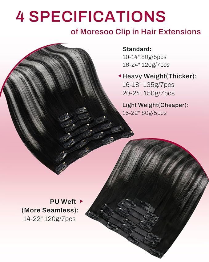 Moresoo Clip on Hair Extensions Balayage Remy Double Weft Human Hair Extensions Clip ins Natural Black to Silver 20inch 150Grams 7pcs