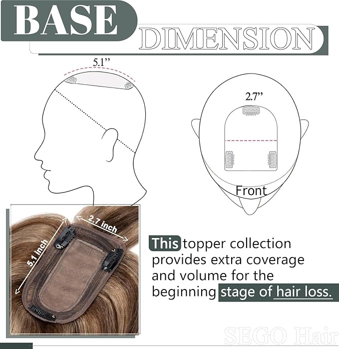 SEGO Hair Toppers for Women Real Human Hair with Thinning Hair, Toppers Hair Clip in Toppers Straight with Front Bangs 150% Density Silk Base -8 Inch #4/27 Medium Brown Mix Dark Blonde