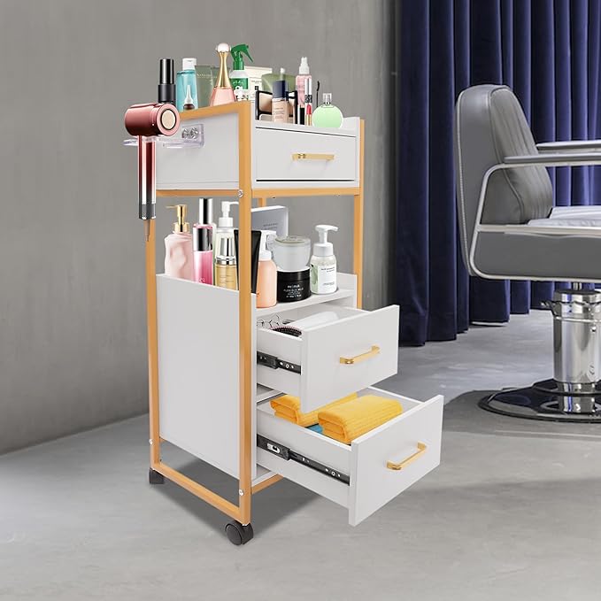 Salon Trolley with Wheels, 3 Drawers Salon Cart with Hair Dryer Holder Utility Salons Cabinet for Tools Storage at Barbershop Beauty Salons Tattoo Shop (White)