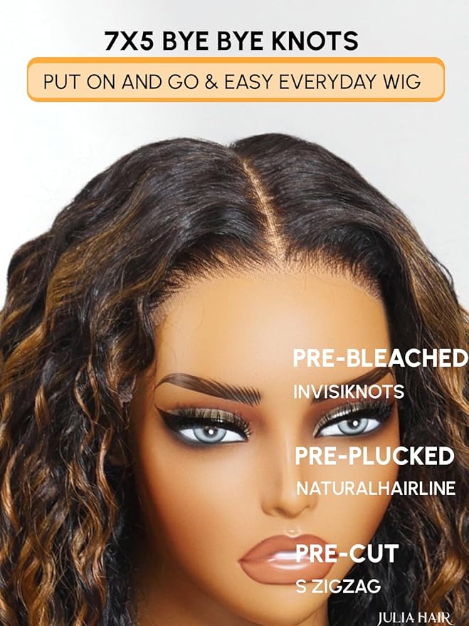 Julia Hair Ombre Brown Water Wave Glueless Wig Human Hair 7x5 HD Lace Closure with Invisible Drawstring Pre Plucked Bleached Highlight Balayage Colored Curly Wigs Put On And Go 24 Inch