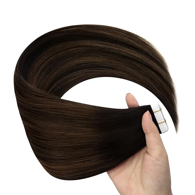 YoungSee Tape in Hair Extensions Real Human Hair Dark Brown Tape in Hair Extensions Balayage Dark Brown with Ash Brown Tapein Hair Extension Human Hair Long Hair 24In 20pcs 50g for Wedding