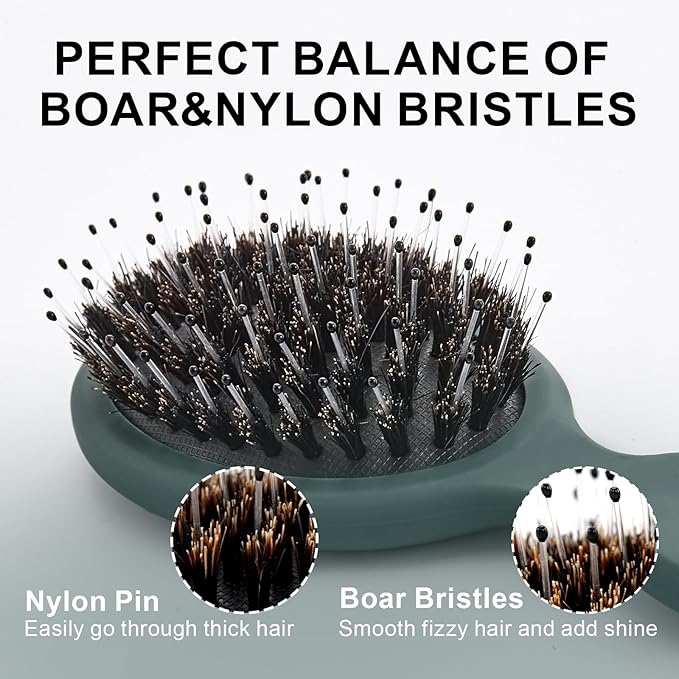 Mini Boar Bristles Hair Bursh, Travel Size Hair Brush for Women Men Kids, Protable Small Hair Brushes for Pockets Purses, Mini Hair Brush for Smooth Add Shine (1 Pack-Green)