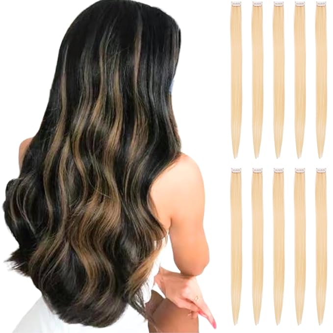 Blonde Hair Extensions Clip in for Kids Girls, 10 Pieces 22 Inch Long Straight Colored Streak Synthetic Accessories Hairpiece Clip ins, Play Party Highlights