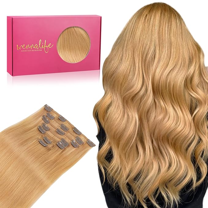 WENNALIFE Clip in Hair Extensions Real Human Hair, 20 Inch 120g 7pcs Human Hair Extensions Clip In Human Hair, Strawberry Blonde Hair Extensions Clip In Real Hair Coloured Remy Human Hair Extensions