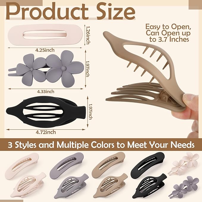 10 Pcs French Flat Hair Clips for Women, 3 Styles Lay Flat Claw Clips Non-slip Matte Hair Claws for Thin Thick Hair